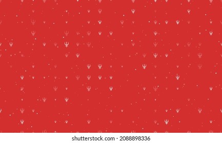 Seamless background pattern of evenly spaced white astrological neptune symbols of different sizes and opacity. Vector illustration on red background with stars