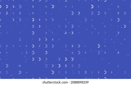 Seamless background pattern of evenly spaced white moon astrological symbols of different sizes and opacity. Vector illustration on indigo background with stars