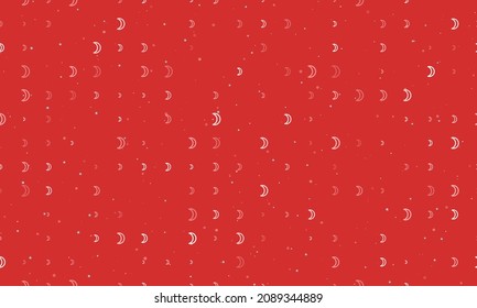 Seamless background pattern of evenly spaced white moon astrological symbols of different sizes and opacity. Vector illustration on red background with stars