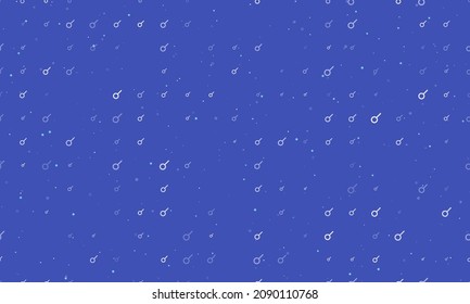 Seamless background pattern of evenly spaced white astrological connection symbols of different sizes and opacity. Vector illustration on indigo background with stars