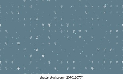 Seamless background pattern of evenly spaced white astrological uranus symbols of different sizes and opacity. Vector illustration on blue gray background with stars