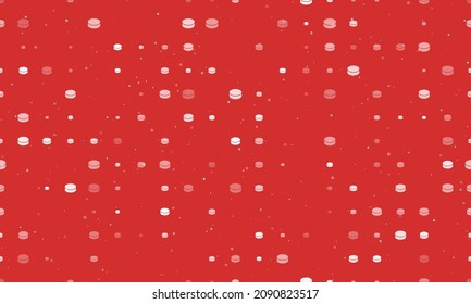 Seamless background pattern of evenly spaced white hockey pucks of different sizes and opacity. Vector illustration on red background with stars