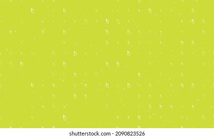 Seamless background pattern of evenly spaced white astrological saturn symbols of different sizes and opacity. Vector illustration on lime background with stars