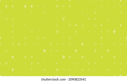 Seamless background pattern of evenly spaced white astrological pluto symbols of different sizes and opacity. Vector illustration on lime background with stars