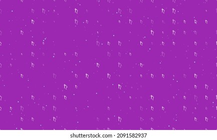 Seamless background pattern of evenly spaced white astrological saturn symbols of different sizes and opacity. Vector illustration on purple background with stars