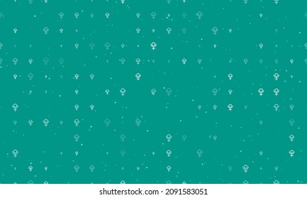 Seamless background pattern of evenly spaced white astrological pluto symbols of different sizes and opacity. Vector illustration on teal background with stars