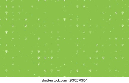 Seamless background pattern of evenly spaced white astrological neptune symbols of different sizes and opacity. Vector illustration on light green background with stars