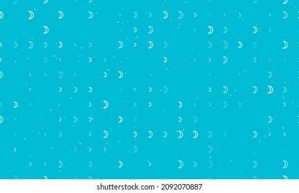 Seamless background pattern of evenly spaced white moon astrological symbols of different sizes and opacity. Vector illustration on cyan background with stars