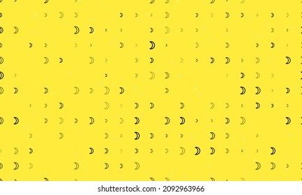 Seamless background pattern of evenly spaced black moon astrological symbols of different sizes and opacity. Vector illustration on yellow background with stars