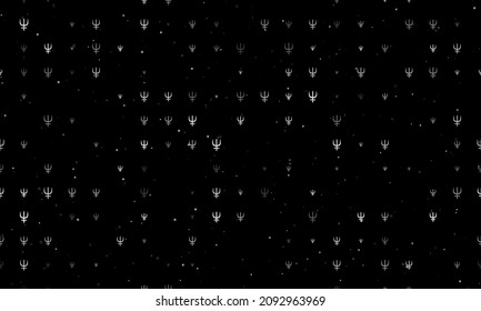 Seamless background pattern of evenly spaced white astrological neptune symbols of different sizes and opacity. Vector illustration on black background with stars