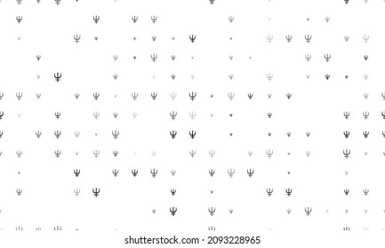 Seamless background pattern of evenly spaced black astrological neptune symbols of different sizes and opacity. Vector illustration on white background