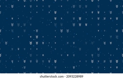 Seamless background pattern of evenly spaced white astrological uranus symbols of different sizes and opacity. Vector illustration on dark blue background with stars