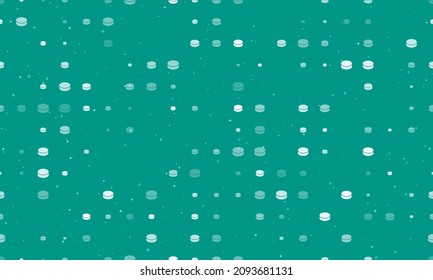 Seamless background pattern of evenly spaced white hockey pucks of different sizes and opacity. Vector illustration on teal background with stars