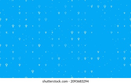 Seamless background pattern of evenly spaced white astrological pluto symbols of different sizes and opacity. Vector illustration on light blue background with stars