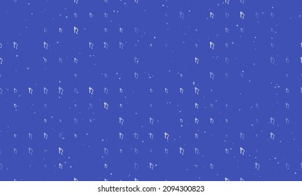 Seamless background pattern of evenly spaced white astrological saturn symbols of different sizes and opacity. Vector illustration on indigo background with stars