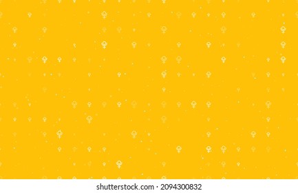 Seamless background pattern of evenly spaced white astrological pluto symbols of different sizes and opacity. Vector illustration on amber background with stars