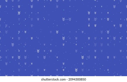 Seamless background pattern of evenly spaced white astrological uranus symbols of different sizes and opacity. Vector illustration on indigo background with stars
