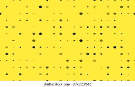 Seamless background pattern of evenly spaced black pot symbols of different sizes and opacity. Vector illustration on yellow background with stars