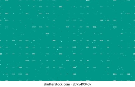 Seamless background pattern of evenly spaced white 2022 year symbols of different sizes and opacity. Vector illustration on teal background with stars