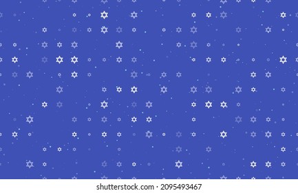 Seamless background pattern of evenly spaced white star of David symbols of different sizes and opacity. Vector illustration on indigo background with stars