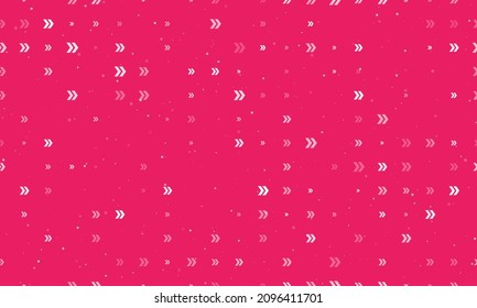 Seamless background pattern of evenly spaced white double arrow symbols of different sizes and opacity. Vector illustration on pink background with stars