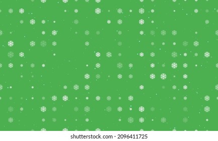 Seamless background pattern of evenly spaced white snowflake symbols of different sizes and opacity. Vector illustration on green background with stars