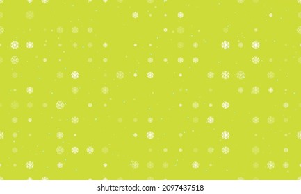 Seamless background pattern of evenly spaced white snowflake symbols of different sizes and opacity. Vector illustration on lime background with stars