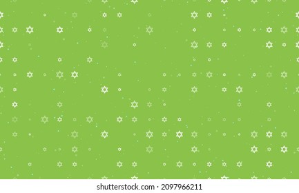 Seamless background pattern of evenly spaced white star of David symbols of different sizes and opacity. Vector illustration on light green background with stars