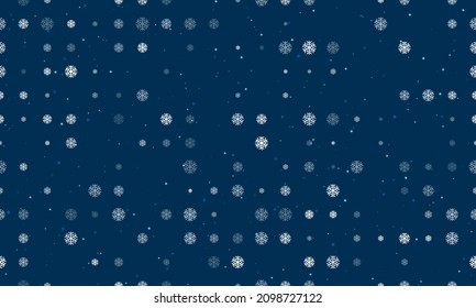 Seamless background pattern of evenly spaced white snowflake symbols of different sizes and opacity. Vector illustration on dark blue background with stars