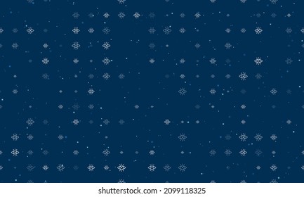 Seamless background pattern of evenly spaced white vision symbols of different sizes and opacity. Vector illustration on dark blue background with stars