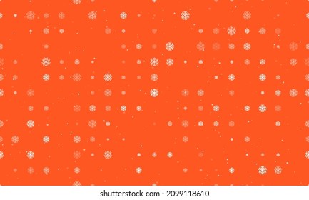 Seamless background pattern of evenly spaced white snowflake symbols of different sizes and opacity. Vector illustration on deep orange background with stars
