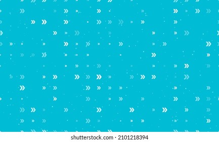 Seamless background pattern of evenly spaced white double arrow symbols of different sizes and opacity. Vector illustration on cyan background with stars