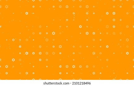 Seamless background pattern of evenly spaced white star of David symbols of different sizes and opacity. Vector illustration on orange background with stars