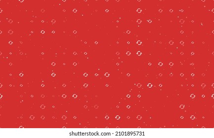 Seamless background pattern of evenly spaced white refresh symbols of different sizes and opacity. Vector illustration on red background with stars