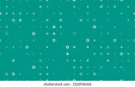 Seamless background pattern of evenly spaced white star of David symbols of different sizes and opacity. Vector illustration on teal background with stars