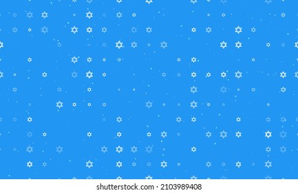 Seamless background pattern of evenly spaced white star of David symbols of different sizes and opacity. Vector illustration on blue background with stars