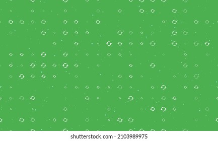 Seamless background pattern of evenly spaced white refresh symbols of different sizes and opacity. Vector illustration on green background with stars