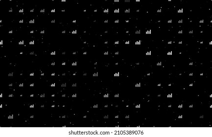 Seamless background pattern of evenly spaced white chart line symbols of different sizes and opacity. Vector illustration on black background with stars