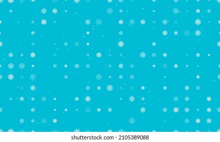 Seamless background pattern of evenly spaced white snowflake symbols of different sizes and opacity. Vector illustration on cyan background with stars
