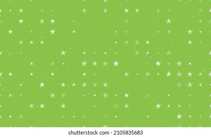 Seamless background pattern of evenly spaced white starfish symbols of different sizes and opacity. Vector illustration on light green background with stars