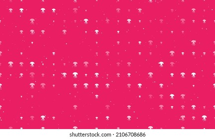 Seamless background pattern of evenly spaced white jellyfish symbols of different sizes and opacity. Vector illustration on pink background with stars