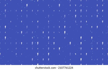 Seamless background pattern of evenly spaced white sea horse symbols of different sizes and opacity. Vector illustration on indigo background with stars