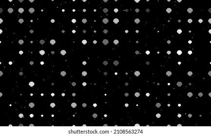 Seamless background pattern of evenly spaced white sea shell symbols of different sizes and opacity. Vector illustration on black background with stars