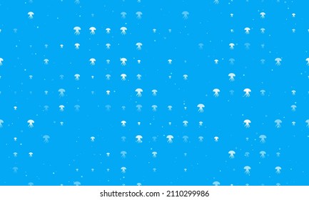 Seamless background pattern of evenly spaced white jellyfish symbols of different sizes and opacity. Vector illustration on light blue background with stars