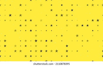 Seamless background pattern of evenly spaced black starfish symbols of different sizes and opacity. Vector illustration on yellow background with stars