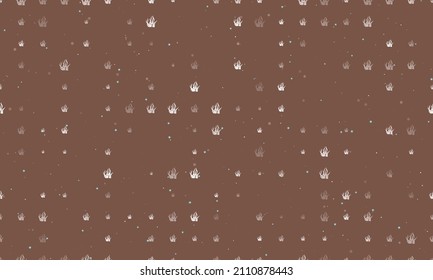 Seamless background pattern of evenly spaced white seaweed symbols of different sizes and opacity. Vector illustration on brown background with stars