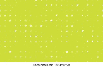 Seamless background pattern of evenly spaced white starfish symbols of different sizes and opacity. Vector illustration on lime background with stars