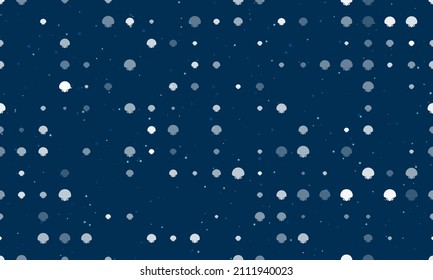 Seamless background pattern of evenly spaced white sea shell symbols of different sizes and opacity. Vector illustration on dark blue background with stars