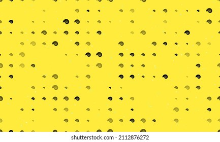 Seamless background pattern of evenly spaced black marine nautilus symbols of different sizes and opacity. Vector illustration on yellow background with stars