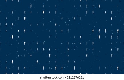 Seamless background pattern of evenly spaced white sea horse symbols of different sizes and opacity. Vector illustration on dark blue background with stars